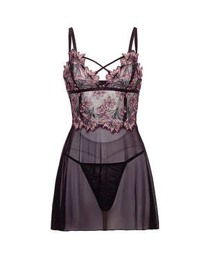 Adela Embroidered Boned Lace and Mesh Babydoll w/G-String 2 pc Set - Black/Pink LG - Image 5