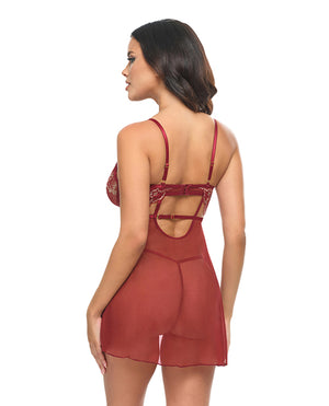 Arielle Unlined Underwire Lace Babydoll w/G-String - Burgundy S/M - Image 3