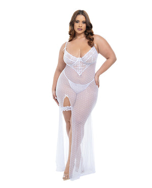 Oh La La Cheri Livia Dot Mesh &amp; Lace Underwire Gown &amp; Garter 2 pc Set - White 1X/2X