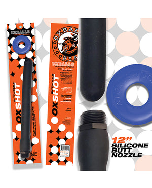 Oxballs Oxballs Oxshot 12" Silicone Butt Nozzle w/Flex Cockring - Black/Blue