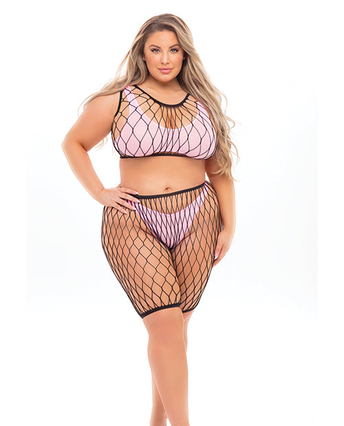 Pink Lipstick Pink Lipstick Brace for Impact Large Fishnet Top, Shorts, Bra &amp; Thong (Fits up to 3X) PinkQN