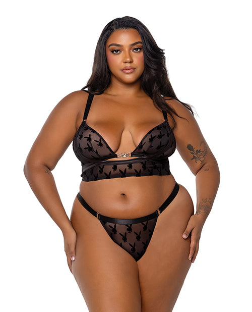 Playboy by Roma Playboy Bunny Charm Mesh Bralette w/Thong 2 pc Set - Black 2X
