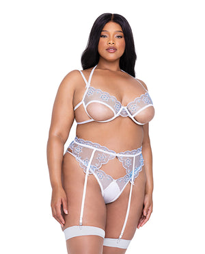 Roma Confidential Holiday Snow Queen Metallic Snowflake Embroidered Bra &amp; High Waisted Thong Blue/White 1X