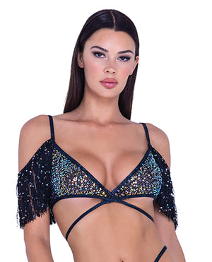Roma Confidential Sequin Fishnet Fringe Top - Black/Multi LG