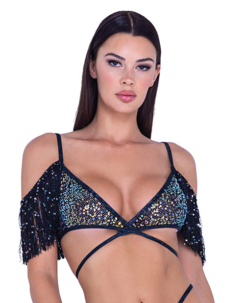 Roma Confidential Sequin Fishnet Fringe Top - Black/Multi MD