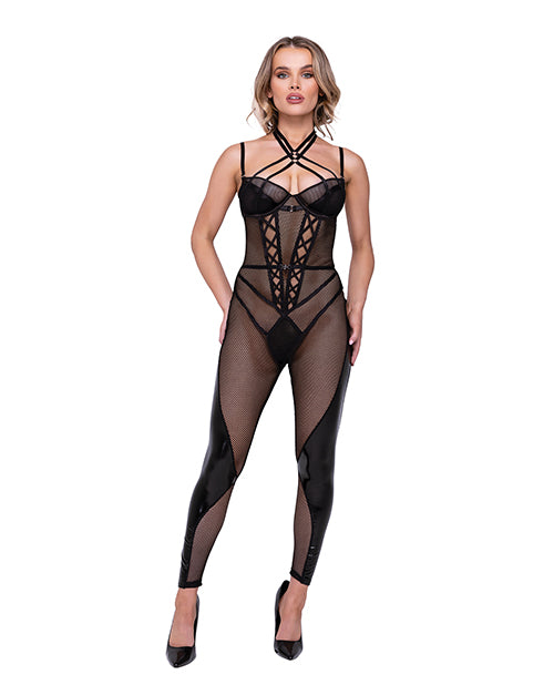 Roma Confidential Flirty Fetish Fishnet &amp; Faux Leather Catsuit w/Satin Trim Black LG