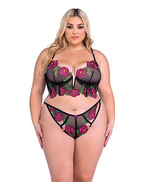 Roma Confidential Peony Paradise Underwire Bralette &amp; G-String - Black 2X