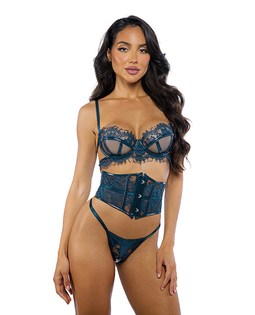 Roma Confidential Eden Scalloped Eyelash Lace &amp; Wet Look Waspie 3 pc Set - Teal XL