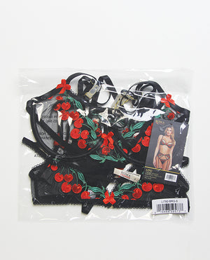 Roma Confidential Cherry Delight Embroidered Lace and Mesh Underwire Bra w/Garter &amp; G-String 3 pc Set - Black XL - Image