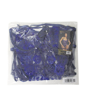 Garden of Eden Metallic Embroidery and Sheer Mesh Garter Teddy - Navy XS - Image 4