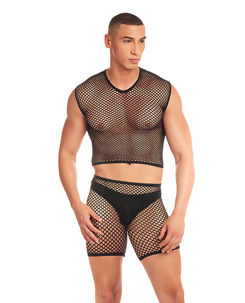 Bliss Box Toys Rainbow Party Net-Bula Large Mesh Long Brief 3 pc Set w/Thong - Black S/M