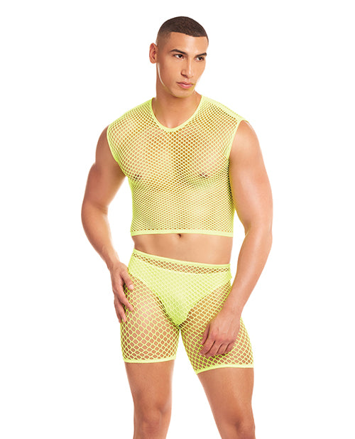 Bliss Box Toys Rainbow Party Net-Bula Large Mesh Long Brief 3 pc Set w/Thong - Yellow L/XL
