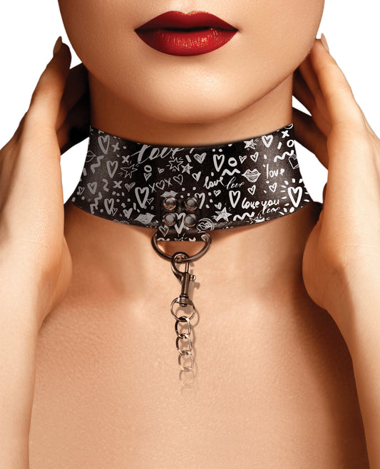 Ouch Shots Ouch Love Street Art Fashion Printed Collar w/Leash - Black