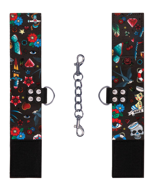 Ouch Shots Ouch Old School Tattoo Style Printed Hand Cuffs- Black - Image 2