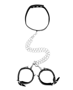 Ouch Shots Ouch Black &amp; White Bonded Leather Collar w/Hand Cuffs - Black - Image 3