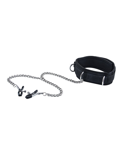 Ouch Shots Ouch Black &amp; White Velcro Collar w/Nipple Clamps - Black - Image 2