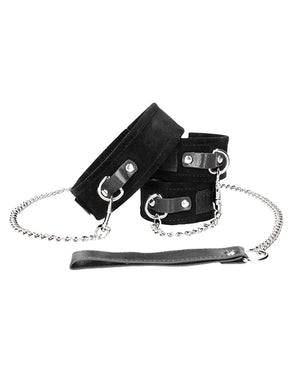 Ouch Shots Ouch Black &amp; White Velcro Collar w/Leash &amp; Hand Cuffs - Black - Image 2