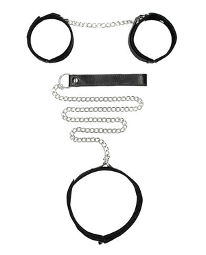 Ouch Shots Ouch Black &amp; White Velcro Collar w/Leash &amp; Hand Cuffs - Black - Image 3