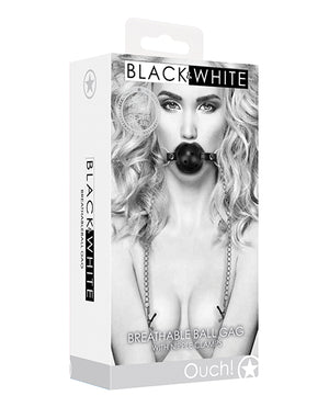 Ouch Shots Ouch Black &amp; White Breathable Ball Gag w/Nipple Clamps - Black - Image 3