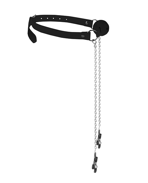 Ouch Shots Ouch Black &amp; White Breathable Ball Gag w/Nipple Clamps - Black