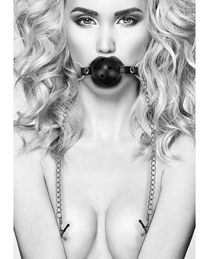 Ouch Shots Ouch Black &amp; White Breathable Ball Gag w/Nipple Clamps - Black - Image 5