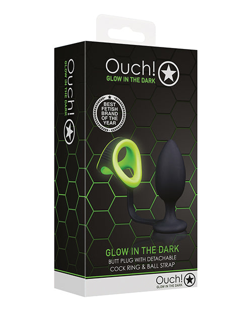 Ouch Shots Ouch Butt Plug w/Cock Ring &amp; Ball Strap - Glow in the Dark