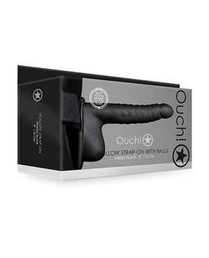 Ouch Shots Ouch 8" Ribbed Hollow Strap On w/Balls - Black