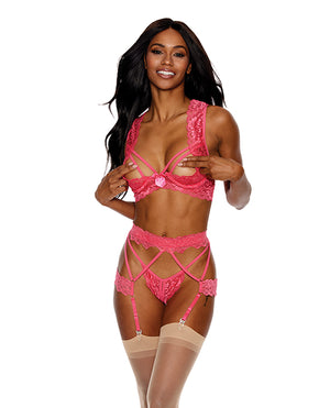 Showtime Lace Underwire Peek a Boo Bra, Garterbelt &amp; G-String Coral LG