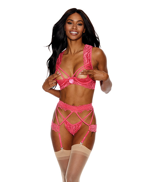 Showtime Lace Underwire Peek a Boo Bra, Garterbelt &amp; G-String Coral XL