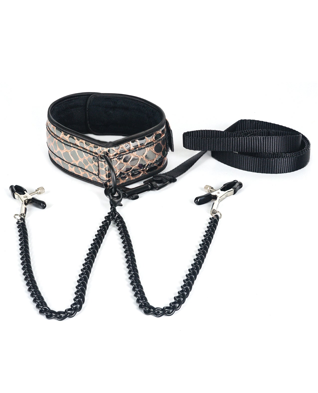 Spartacus Spartacus Faux Leather Collar &amp; Leash w/Black Nipple Clamps - Gold