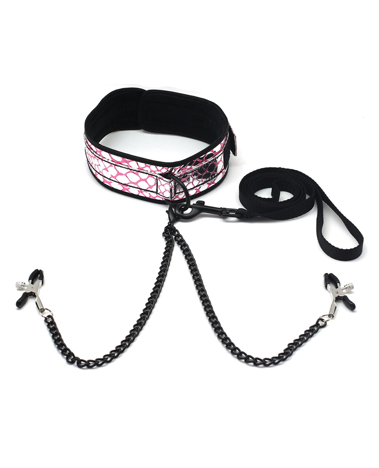 Spartacus Spartacus Faux Leather Collar &amp; Leash w/Black Nipple Clamps - Pink