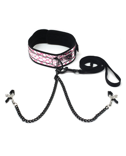 Spartacus Spartacus Faux Leather Collar &amp; Leash w/Black Nipple Clamps - Pink