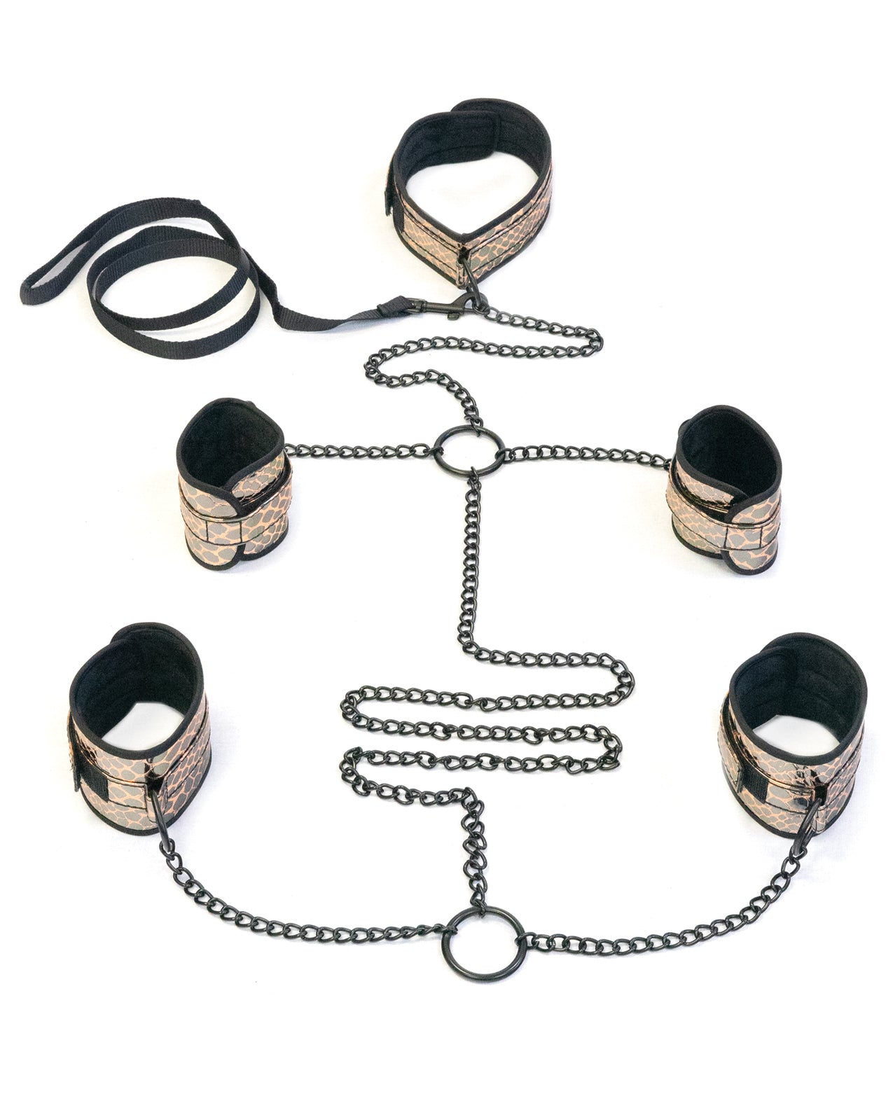 Spartacus Spartacus Faux Leather Collar to Wrist &amp; Ankle Restraints Bondage Kit w/Leash - Gold