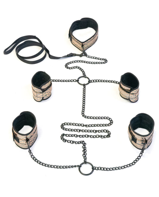 Spartacus Spartacus Faux Leather Collar to Wrist &amp; Ankle Restraints Bondage Kit w/Leash - Gold