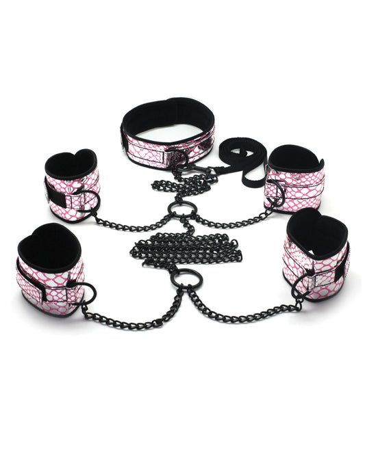 Spartacus Spartacus Faux Leather Collar to Wrist &amp; Ankle Restraints Bondage Kit w/Leash - Pink