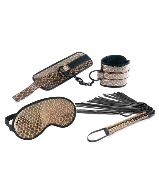 Spartacus Spartacus Faux Leather Wrist Restraints Blindfold &amp; Flogger Bondage Kit - Gold