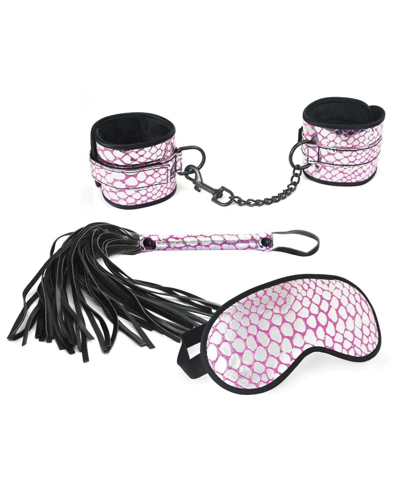 Spartacus Spartacus Faux Leather Wrist Restraints Blindfold &amp; Flogger Bondage Kit - Pink