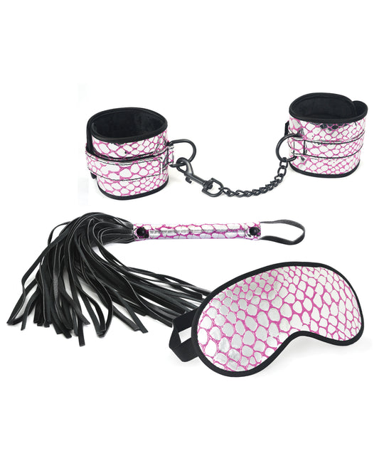Spartacus Spartacus Faux Leather Wrist Restraints Blindfold &amp; Flogger Bondage Kit - Pink