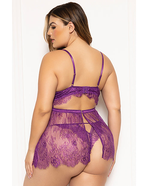 Floral Eyelash Lace Underwire Babydoll w/Thong 2 pc Set - Purple 3X/4X - Image 2