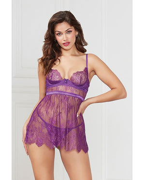 Seven 'til Midnight Floral Eyelash Lace Underwire Babydoll w/Thong 2 pc Set - Purple LG