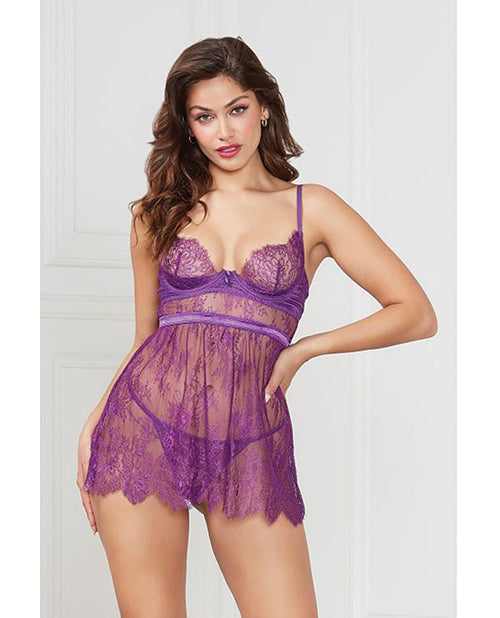 Seven 'til Midnight Floral Eyelash Lace Underwire Babydoll w/Thong 2 pc Set - Purple SM