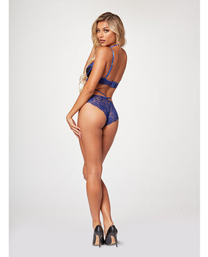 Seven 'til Midnight Stretch Satin &amp; Eyelash Lace Demi Cup Bra &amp; Panty Black/Blue MD - Image 2
