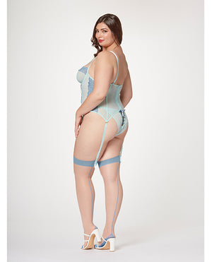 Seven 'til Midnight Lace &amp; Mesh Bustier w/Lace Up Center, Garter Belt &amp; Thong Blue 3X/4X - Image 2
