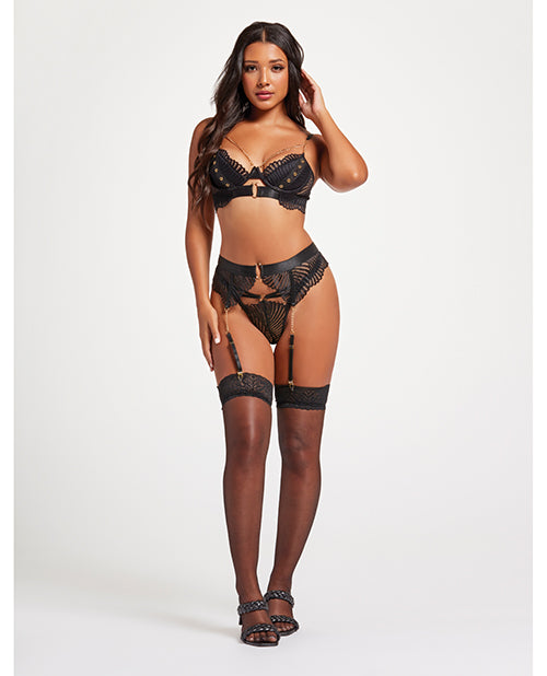 Seven 'til Midnight Scalloped Lace Bra w/Gold Chain, Garter Belt &amp; Thong Black LG