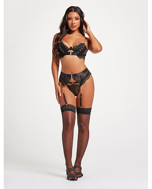 Seven 'til Midnight Scalloped Lace Bra w/Gold Chain, Garter Belt &amp; Thong Black LG