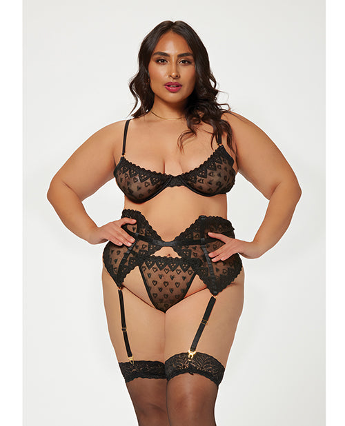 Seven 'til Midnight Valentines Heart Embroidered Mesh Bra, Waspie &amp; Panty Black 1X/2X