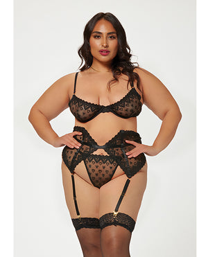 Seven 'til Midnight Valentines Heart Embroidered Mesh Bra, Waspie &amp; Panty Black 1X/2X