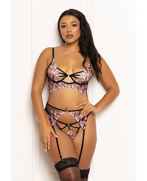 Seven 'til Midnight Floral Lace and Mesh Long Line Underwire Bra w/Garter &amp; G-String - Black/Pink LG