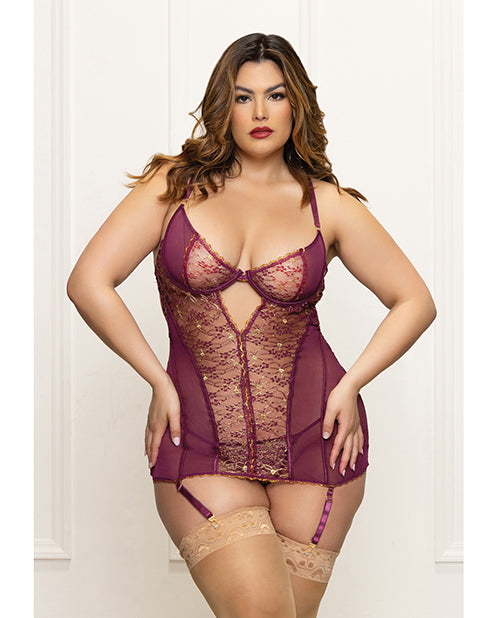 Seven 'til Midnight Metallic Lace with Mesh Gartered Chemise &amp; Thong - Plum 1X/2X