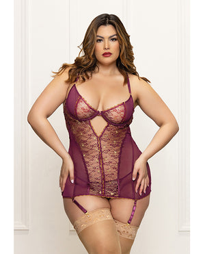 Seven 'til Midnight Metallic Lace with Mesh Gartered Chemise &amp; Thong - Plum 1X/2X